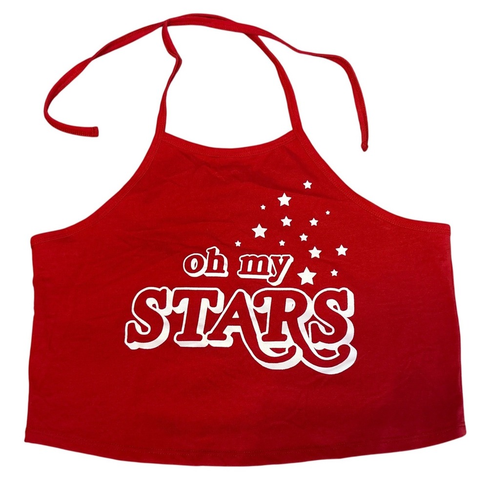 Isaac Morris Women Red Oh My Stars‎ Halter Graphic Crop Tank Top Size L